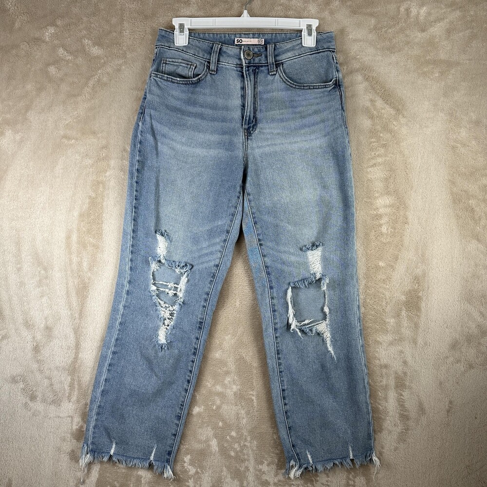 SO Jeans Womens 5 27W Light Wash Blue High Rise Straight Distressed Raw Hem